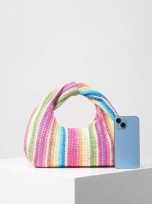 时尚不对称扭纹方形手提包，彩色编织托特包，简约百搭工作包，节日休闲包（图案随机）