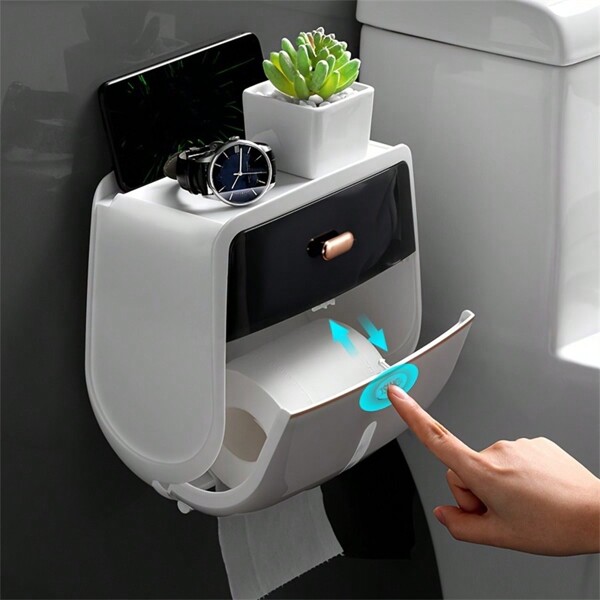 1pc Toilet Roll Paper Holder, Double Layer Large Capacity Tissue Storage Box, Wall Mounted Bathroom Tissue Dispenser, Waterproof Tissue Box, Bathroom Accessories Bathroom Decor Summer