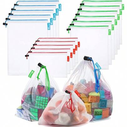 12 piezas Bolsas organizadoras de malla, Bolsas de red reutilizables con cordón en 3 tamaños para sala de juegos, frutas, verduras, artículos varios, compras