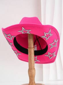 1pc Solid Unique Shiny Rhinestone Stars Hollow-Out Printed Cowboy Hat, Suitable For Parties, Western-Themed Activities, Gatherings, Engagement Parties, Role-Playing, Graduations, Costume Parties, Festivals, Weddings, Birthday Celebrations, Music Festivals, And Adult Ceremonies. Street Fashion, 2024 Wedding Essentials, Classy Aesthetic, Dinner Party Essentials, Perfect For Single Ladies And Cowgirls, Girlcore, Vintage, Floral, Spring Summer Bright Colors, Pink Aesthetic, Novelty Punk Style Wide Brim Hat. Halloween