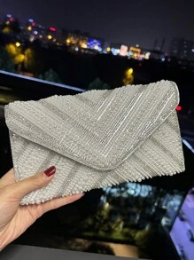 Bolso de sobre para la noche con decoración de rhinestone y perlas, embrague de fiesta con incrustaciones de rhinestone y cristal con correa cadena, 23*13*0.5cm - Plateado - Ver 2