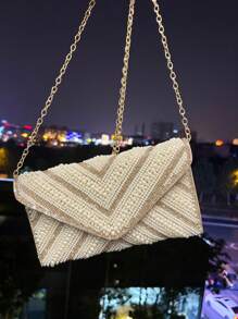 Shiny Crystal & Pearl Embellished Rhinestone Envelope Evening Bag, Glittering Handbag With Chain Strap, Elegant Jeweled Clutch Purse For Party, Wedding, Dinner - Size: 23*13*0.5cm, Clutch Bag For Wedding