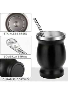 1pc,Yerba Mate Cup And Bombilla Set - 8oz Double Layer Stainless Steel Vacuum Tea Cup With Brush And Bombilla Straw - Perfect For Enjoying A Refreshing Cup Of Yerba Mate At Home Or On The Go - Ideal Birthday Gift - Multicolor - View 3