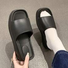 Slippers Women Thick Bottom Wedge Heel Outer Wear 2024 Summer New White Fashion Muffin Flat Bottom Solid Color Women's Shoes - Black - View 3
