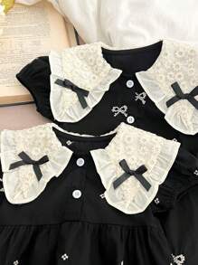 年輕女孩新款夏季風格刺繡蝴蝶結甜美蕾絲裙 - 黑色 - 查看 3