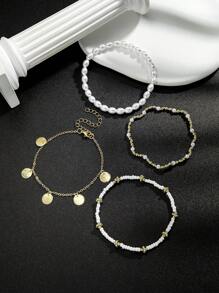 4 件套波西米亚风格贝壳、金属圈和珠子装饰脚链套装，适合女士，适合节日穿着