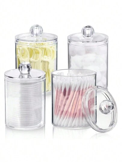 4pcs Q-Tip Holder Organizer, For Cotton Pad Toothpick Holder, Bathroom Canister Cleaning Stick Storage, Makeup Organizer Transparent Plastic Apothecary Jars With Lids