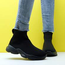 女士全黑高帮缓冲运动休闲针织一脚蹬舞鞋