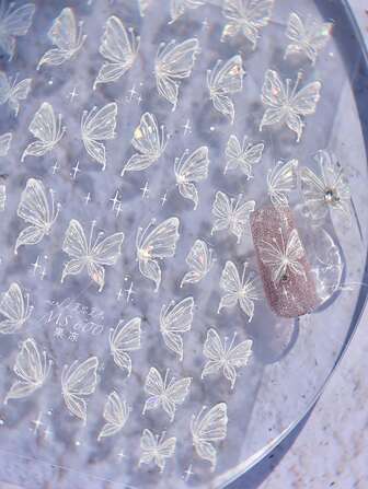 1pc Shiny Shell Jelly White Butterfly Nail Art Sticker, Self-Adhesive Nail Decals, DIY Nail Jewelry