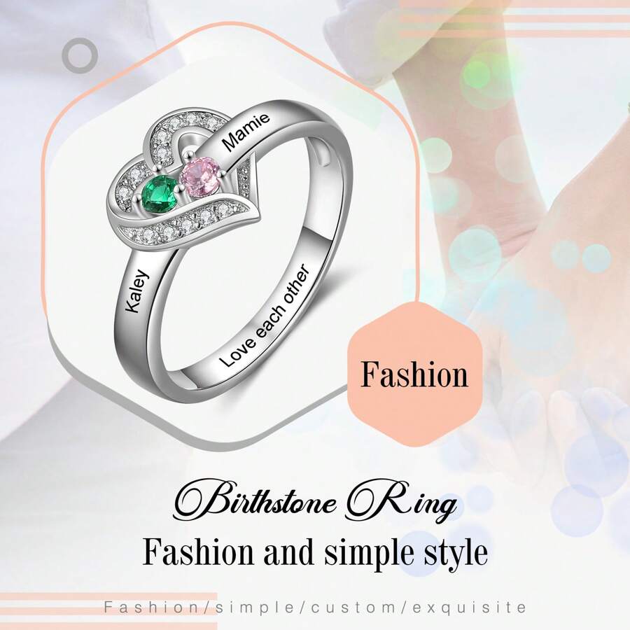 S925 Sterling Silver BornStone Ring Custom Name Women's Birthday Stone Jewelry Gift/Anniversary Gift/Holiday Gift/Mother's Day Gift/Wedding Ring - 2 Birthstones - View 1
