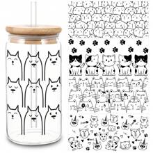 5片貓咪UV DTF杯貼紙，玻璃運動DTF傳輸貼紙，防水摩擦傳輸紙適用於16盎司玻璃杯、馬克杯、手工藝品、家具 - Style2-5 Sheet - 查看 1