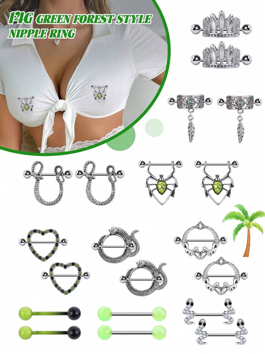 2 cái/bộ Gợi cảm Dễ thương Mùa hè Vòng núm vú 316L Thép y tế Đồ trang sức Tim Con rắn Nhện Vòng núm vú Màu xanh lá Núm vú Stud Trái bóng Núm vú Barbell Nhẫn Trang sức xỏ núm vú Đối với phụ nữ Cô gái & Nam Đối với Quà tặng hẹn hò - Nhiều màu - Xem 1