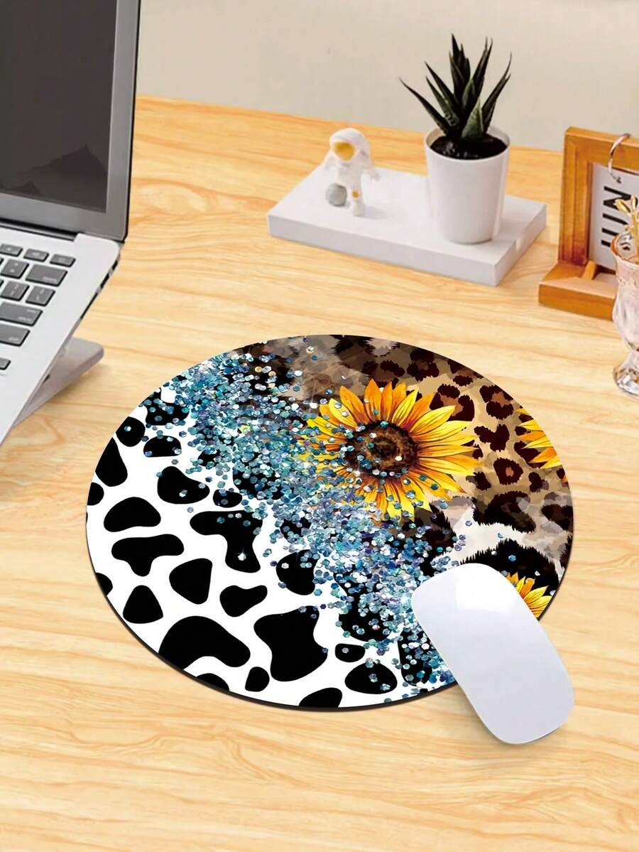 1pc Round Leopard Print Black And White Cute Mouse Pad, Small Mini Travel Mouse Pad With Anti-Slip Rubber Base, Suitable For Work Wireless Computer Laptop, Office Desk Accessory - Multicolor - View 1