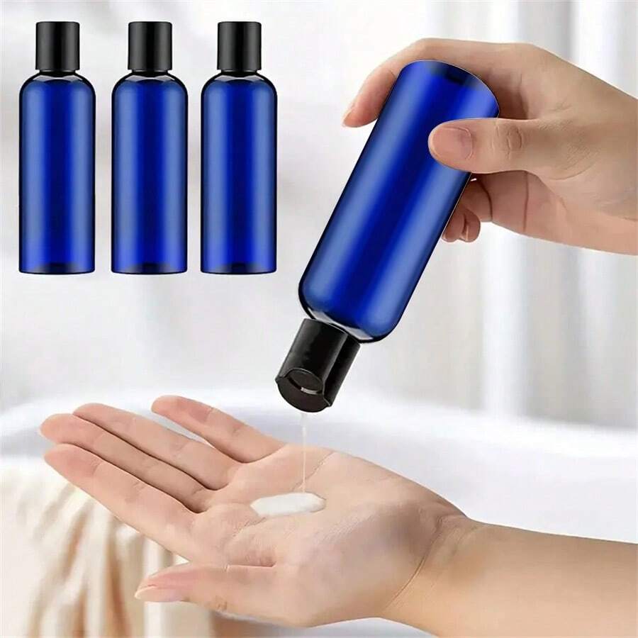 3入組具有圓盤翻蓋的塑料擠壓瓶，3.38盎司空的可裝填洗髮水、乳液、液體肥皂、乳霜等旅行配件 - 藍色 - 查看 1