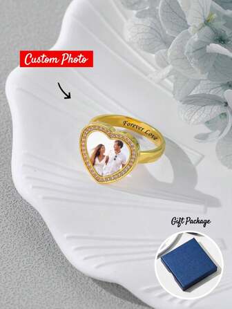 Personliga hjärtringar med foto Anpassad bild Signetring Minnesmycken med zirkonia Gåva till kvinnor Hennes mormor Mamma Månaders dag Alla hjärtans dag, födelsedag, årsdag, examen, jul, familj, vänner och klasskamrater