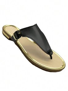 Sandalia Huarache Dama Mujer Comoda B Dorada Pata Gallo  Broche Negra Con Tacon Bajo Tallas 22 a 27 (Dorada B ) - Negro - Ver 1