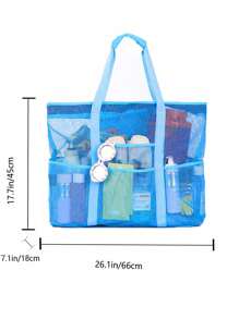 1PC Large Mesh Beach Bag 66*18*45cm - Sandproof Swim Tote Bag Oversized For Family Foldable Lightweight Pool Boat Bag With Zipper And Extra Pockets For Toys & Vacation Beach Cruise Essentials - Blue - View 4