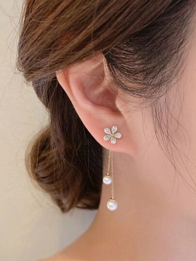 1 Pair Sparkle Of Two Faux Pearl Zirconia Flower Earrings, Tassel Pearl Earrings, Long And Elegant Earrings Halloween