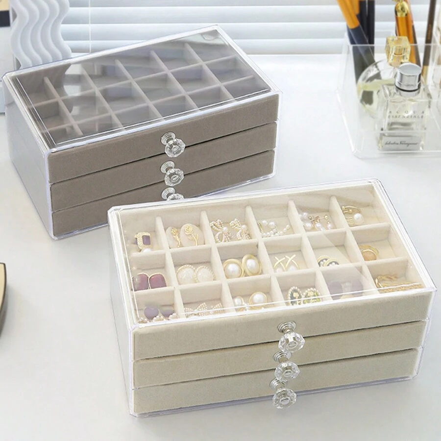 1/4pcs Large Capacity Transparent Velvet Jewelry Box With Three Layers And Drawers For Storing Earrings, Rings And Necklaces, Dustproof - Multicolor - View 1