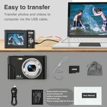 Máy ảnh kỹ thuật số tự động lấy nét,Máy ảnh nhỏ gọn FHD 1080P/48MP với thẻ nhớ 32GB,Máy ảnh cầm tay mini zoom kỹ thuật số 16X dành cho quà tặng ý tưởng cho người mới bắt đầu (Màu đen) - màu đen - Xem 8
