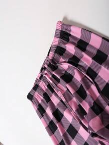 Women's Solid Color Round Neck T-Shirt And Gingham Casual Pants Home Wear Set - Pink - View 4