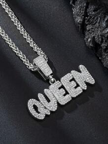 1pc Silver 3D Cubic Zirconia QUEEN Letter Pendant Chunky Figaro Chain Necklace, Unisex. Hip-Hop Style Men's Full Diamonds QUEEN Letter G Chain , Suitable For Daily Wear And Festival, Prefect Gift For Couples And Lovers.
