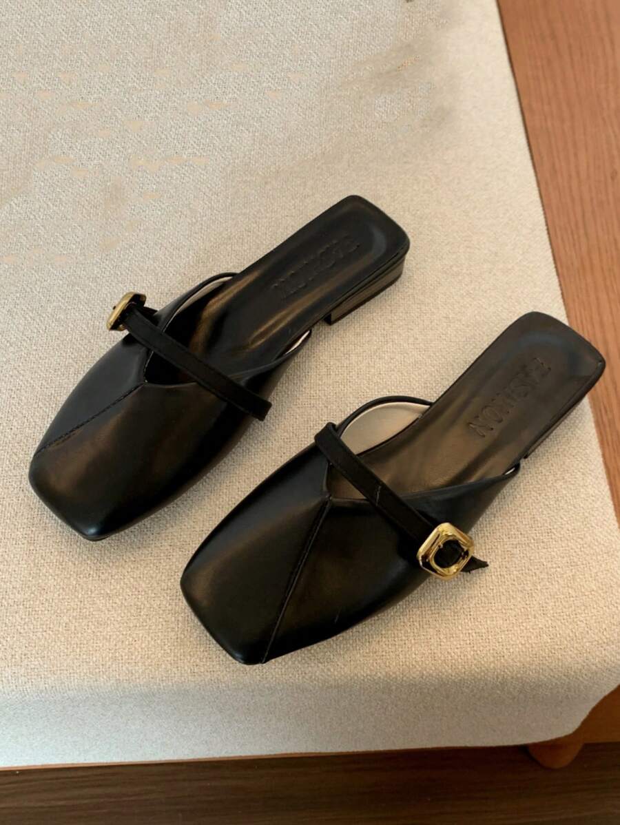 女士夏季新款法式方頭平底豆豆鞋拖鞋，後背空開式易穿鞋 - 黑色 - 查看 1