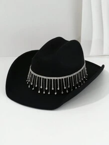 Women's Solid Color White Bridal Hat, Western Style With Faux Pearl Tassel Embellishment, 2024 Wedding Essentials, Classy Look, KJ Bridal Gift Hat, BR Fashionable, Ideal For Parties, Western-Themed Events, Gatherings, Engagement Parties, Role-Playing, Masquerades, Festivals, Weddings, Bachelorette Parties, Music Festivals Cowboy Hat - Black - View 7