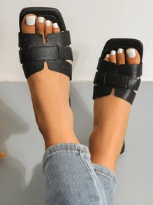 Women's Fashion Striped Open Toe Square Toe Flat Sandals, Beach Holiday & Casual Style Flat Slippers
