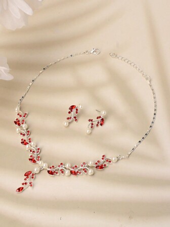 Royal 3pcs Women Faux Pearl & Rhinestone Detail Alloy Necklace And Earrings Set, Simple Style, Suitable For Weddings And Parties