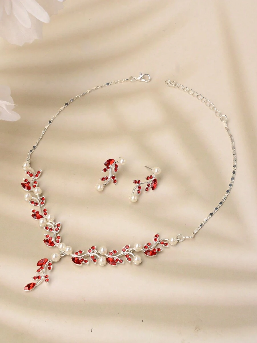 Royal 3pcs Women Faux Pearl & Rhinestone Detail Alloy Necklace And Earrings Set, Simple Style, Suitable For Weddings And Parties - Silver Red - View 1