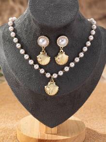 3 pièces Ensemble de collier et boucles d'oreilles de style décontracté de vacances à la plage personnalisé à la mode avec pendentif en coquillage, étoile de mer et faux perle pour femmes - Or jaune - Voir 4