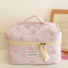 1 pieza Bolsa de maquillaje rosa con lazo y cinta, bolsa de maquillaje para mujer grande para viaje,cosmetiquera neceser neceseres de maquillaje - Rosa coral - Ver 8