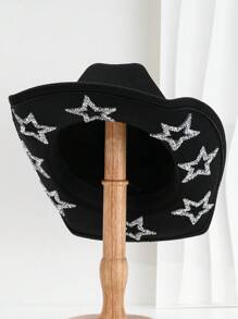 1pc Solid Unique Shiny Rhinestone Stars Hollow-Out Printed Cowboy Hat, Suitable For Parties, Western-Themed Activities, Gatherings, Engagement Parties, Role-Playing, Graduations, Costume Parties, Festivals, Weddings, Birthday Celebrations, Music Festivals, And Adult Ceremonies. Street Fashion, 2024 Wedding Essentials, Classy Aesthetic, Dinner Party Essentials, Perfect For Single Ladies And Cowgirls, Girlcore, Vintage, Floral, Spring Summer Bright Colors, Pink Aesthetic, Novelty Punk Style Wide Brim Hat. Halloween