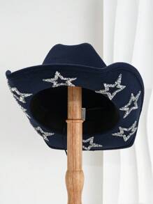 1pc Solid Unique Shiny Rhinestone Stars Hollow-Out Printed Cowboy Hat, Suitable For Parties, Western-Themed Activities, Gatherings, Engagement Parties, Role-Playing, Graduations, Costume Parties, Festivals, Weddings, Birthday Celebrations, Music Festivals, And Adult Ceremonies. Street Fashion, 2024 Wedding Essentials, Classy Aesthetic, Dinner Party Essentials, Perfect For Single Ladies And Cowgirls, Girlcore, Vintage, Floral, Spring Summer Bright Colors, Pink Aesthetic, Novelty Punk Style Wide Brim Hat. Halloween