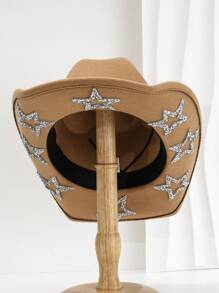 1pc Solid Unique Shiny Rhinestone Stars Hollow-Out Printed Cowboy Hat, Suitable For Parties, Western-Themed Activities, Gatherings, Engagement Parties, Role-Playing, Graduations, Costume Parties, Festivals, Weddings, Birthday Celebrations, Music Festivals, And Adult Ceremonies. Street Fashion, 2024 Wedding Essentials, Classy Aesthetic, Dinner Party Essentials, Perfect For Single Ladies And Cowgirls, Girlcore, Vintage, Floral, Spring Summer Bright Colors, Pink Aesthetic, Novelty Punk Style Wide Brim Hat. Halloween