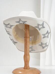 1pc Solid Unique Shiny Rhinestone Stars Hollow-Out Printed Cowboy Hat, Suitable For Parties, Western-Themed Activities, Gatherings, Engagement Parties, Role-Playing, Graduations, Costume Parties, Festivals, Weddings, Birthday Celebrations, Music Festivals, And Adult Ceremonies. Street Fashion, 2024 Wedding Essentials, Classy Aesthetic, Dinner Party Essentials, Perfect For Single Ladies And Cowgirls, Girlcore, Vintage, Floral, Spring Summer Bright Colors, Pink Aesthetic, Novelty Punk Style Wide Brim Hat. Halloween