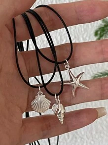 3 件套时尚海星、贝壳和海螺吊坠项链，适合女士日常佩戴 - 銀色 - 查看 8