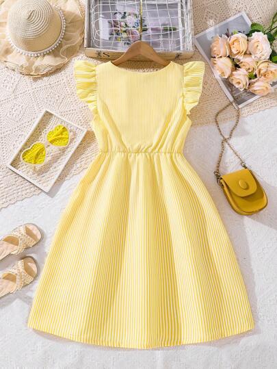Left Mama Tween Girl Fresh Striped Cap Sleeve V-Neck Cinched Waist Dress For Summer