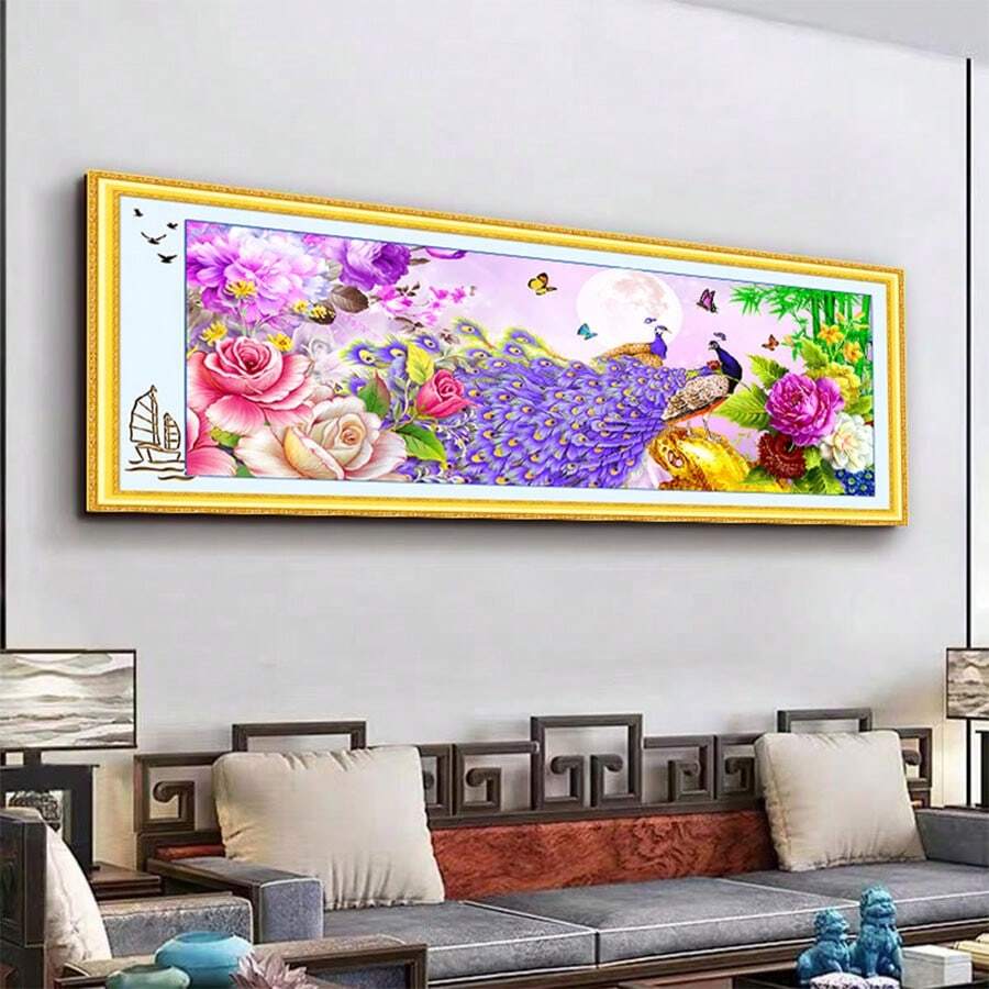 qingfei [Chủ đề] Bộ thêu chữ thập hình chim công và hoa mẫu đơn màu tím in chính xác, phong cảnh tráng lệ và lời chúc may mắn - sợi bông - Xem 1