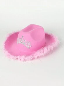 Unisex Western Cowboy Hat With Pink Crown, Feather & Fluffy Decoration, Perfect For Parties And Celebrations - Pink - View 2