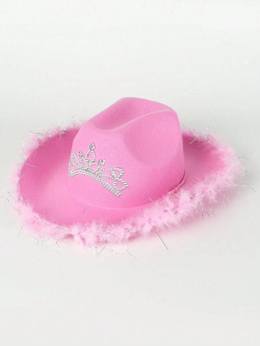Unisex Western Cowboy Hat With Pink Crown, Feather & Fluffy Decoration, Perfect For Parties And Celebrations