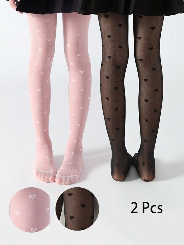 2/1 par de mallas para niñas, medias para bebés, pantalones ajustados para niños, medias sin pies con jacquard de corazón delgado, mallas de malla, negro, rosa, unicolor, estilo colegial lindo, pantalones de baile para niños, suaves y cómodos para primavera/verano, adecuados para uso diario, temporadas, fiestas, se pueden combinar con faldas, shorts, se pueden usar como calcetines de baile