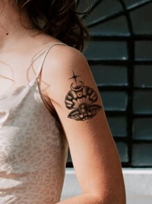 1 pieza Pegatina de tatuaje temporal lavable, a prueba de agua y sudor sin reflejo - Diseño de concha de luna y perla, adecuado para líderes de la moda - Negro - Ver 3