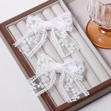 2pcs Small White Lace Hair Bow Clips With Long Tail Ribbon Bow Alligator Barrettes Pins Teen Toddler Baby Flower Girls Wedding  Pageant Birthday Party Dress Decor Accessories Gift