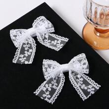2pcs Small White Lace Hair Bow Clips With Long Tail Ribbon Bow Alligator Barrettes Pins Teen Toddler Baby Flower Girls Wedding  Pageant Birthday Party Dress Decor Accessories Gift
