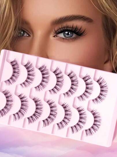 7对/套 自然D型卷翘交叉透明假睫毛，适合度假/派对/日常佩戴，5-13毫米条状假睫毛