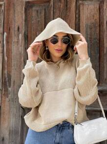Women's Knitted Cold Blouse With Hood Long Sleeve Cap - Khaki - View 1