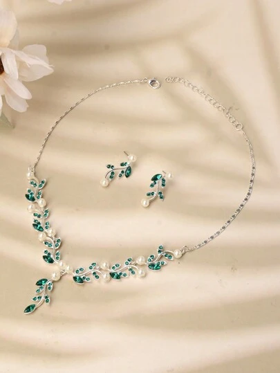 Royal 3pcs/Set Women's Alloy Pearl & Rhinestone Necklace And Earrings Set, Simple Style, Suitable For Weddings And Parties