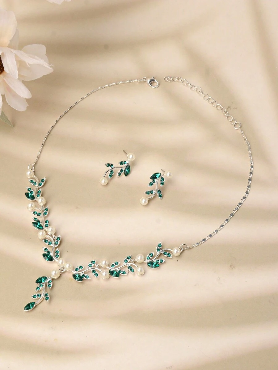 Royal 3pcs/Set Women's Alloy Pearl & Rhinestone Necklace And Earrings Set, Simple Style, Suitable For Weddings And Parties